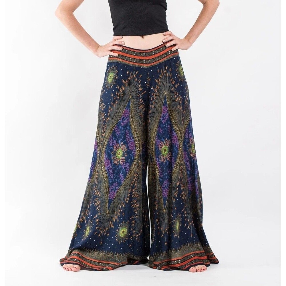 Harem Pants Wide Leg Palazzo Pants Peacock Print Blue Boho Hippie Festival OS